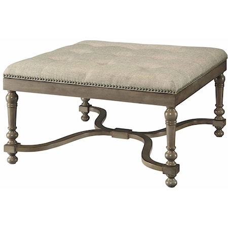 Baroque Linen Ottoman W/ Nailhead Trim